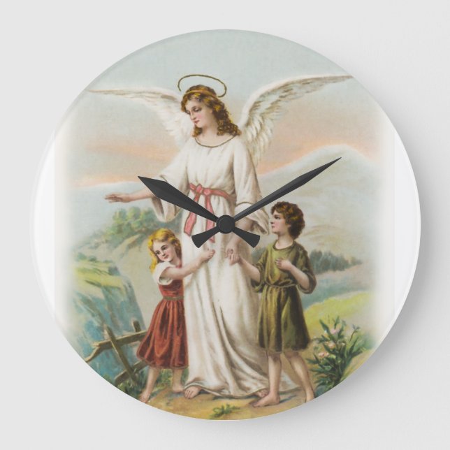 Vintage Engel Schutzengel und zwei Kinder Large Clock (Front)