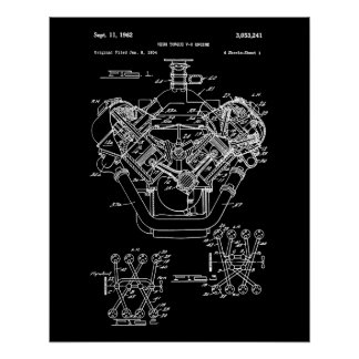 Vintage Engine Block Blueprint Diagram – Men's Car Poster