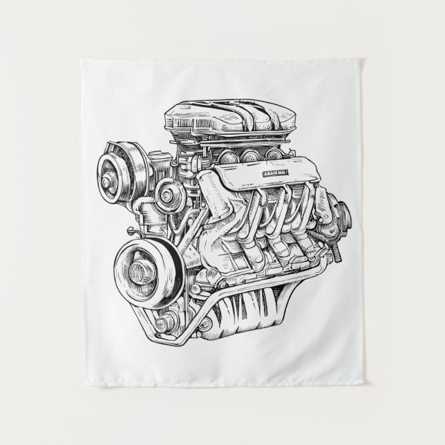Vintage Engine Block Blueprint Diagram – Men's Car Tapestry (Front)