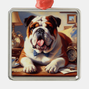 Vintage English Bulldog Illustration Metal Ornament