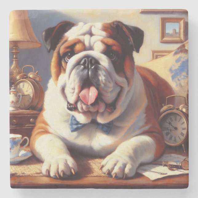 Vintage English Bulldog Illustration Stone Coaster (Front)