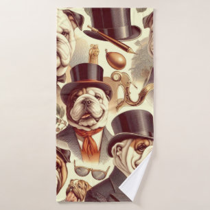 Vintage English Bulldog Seamless Illustration Bath Towel
