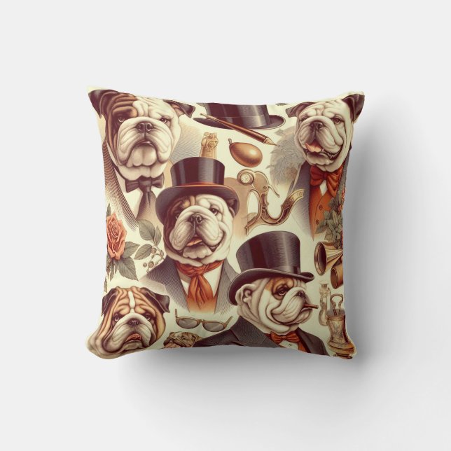 Vintage English Bulldog  Seamless Illustration Throw Pillow (Front)