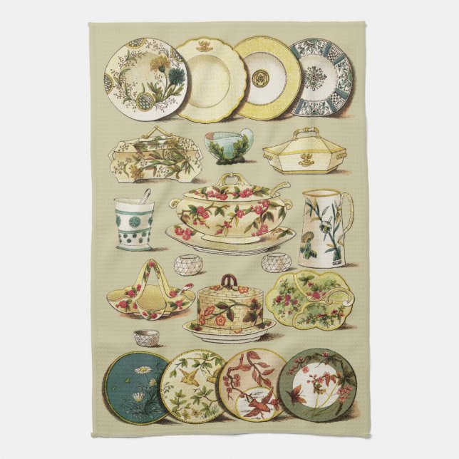 Vintage English China Plates & Serving Pieces Kitchen Towel (Vertical)