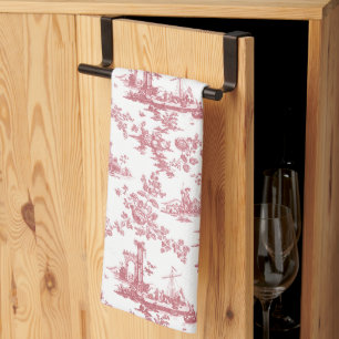 Vintage English Floral Toile de Jouy-Pink Kitchen Towel