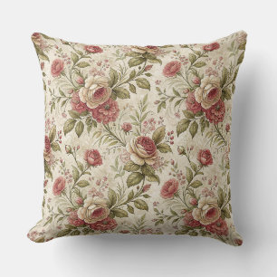 Vintage English Rose & Cream Floral Garden Pattern Throw Pillow