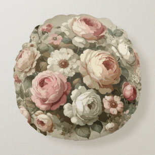 Vintage English Rose Garden Cottagecore Decor   Round Pillow