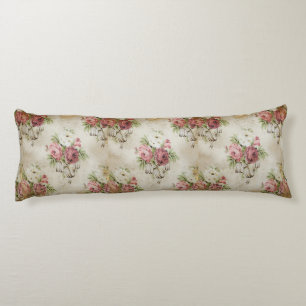 Vintage English Roses Pink Mauve Creme Ribbons Body Pillow