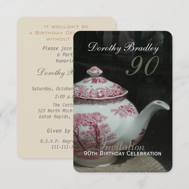 Vintage English Teapot 90th Birthday Invitation (Front/Back)
