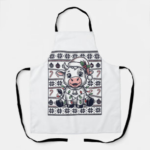 Vintage Engraved Christmas Cow Ugly Sweater Design Apron