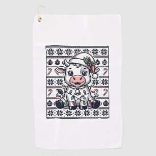Vintage Engraved Christmas Cow Ugly Sweater Design Golf Towel