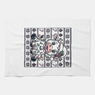 Vintage Engraved Christmas Cow Ugly Sweater Design Kitchen Towel