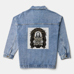 Vintage Engraved Crowned Holy Face Vector Design_1 Denim Jacket