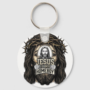 Vintage Engraved Crowned Holy Face Vector Design_1 Keychain
