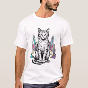 Vintage Engraved Cyber Cat City Vector Art_1 T-Shirt