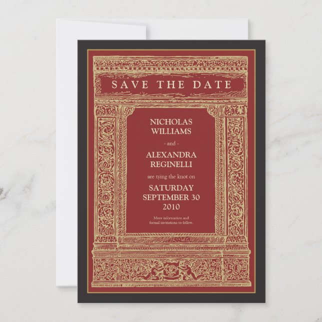 Vintage Engraved Frame Save the Date (red/gold) (Front)