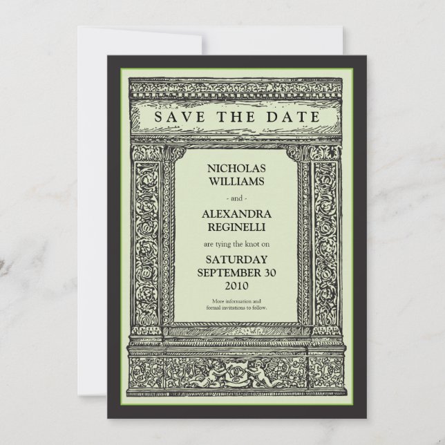 Vintage Engraved Frame Save the Date (sage/black) (Front)