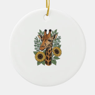 Vintage Engraved Giraffe Sunflower Floral Shirt_1 Ceramic Ornament