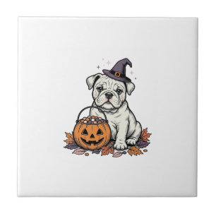 Vintage Engraved Halloween Bulldog Pumpkin Design_ Tile