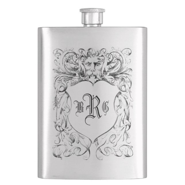 Vintage Engraved Heraldic Crest Monogram Hip Flask (Front)
