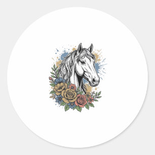 Vintage Engraved Horse Floral Vector Shirt Design_ Classic Round Sticker