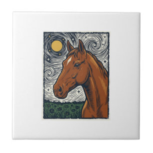 Vintage Engraved Horse Starry Night Art Design Tile