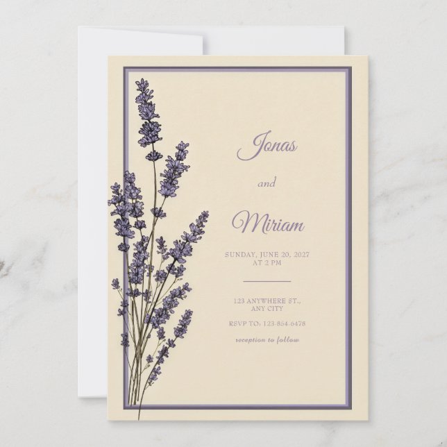 Vintage Engraved Lavender Cream Border Wedding Invitation (Front)