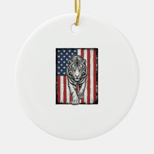Vintage Engraved Tiger American Flag Patriotic Des Ceramic Ornament