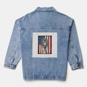 Vintage Engraved Tiger American Flag Patriotic Des Denim Jacket