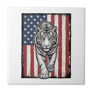 Vintage Engraved Tiger American Flag Patriotic Des Tile