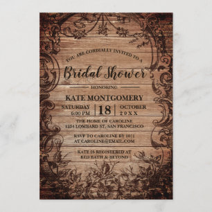 Vintage Engraved Wood Rustic Bridal Shower Invitation