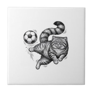 Vintage Engraving Cat Soccer Kick Shirt Design (4) Tile