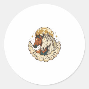 Vintage Engraving Cosmic Horses Moon Artwork Classic Round Sticker