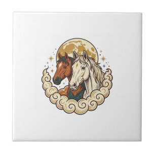 Vintage Engraving Cosmic Horses Moon Artwork Tile