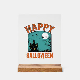 Vintage Engraving Happy Halloween Haunted House De Acrylic Sign