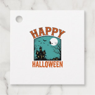 Vintage Engraving Happy Halloween Haunted House De Favour Tags