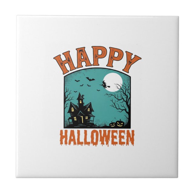 Vintage Engraving Happy Halloween Haunted House De Tile (Front)