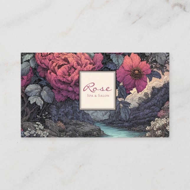 Vintage Engraving Magenta Peony River Landscape Business Card (Front)
