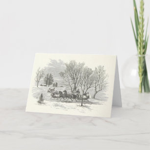 Vintage Engraving of Horse Drawn Sleigh Rides Card