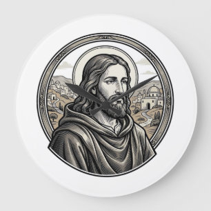 Vintage Engraving Religious Portrait Shirt Large Clock