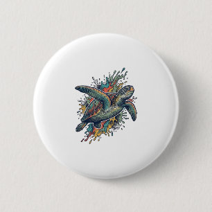 Vintage Engraving Sea Turtle Splash Vector Design_ 2 Inch Round Button