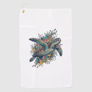 Vintage Engraving Sea Turtle Splash Vector Design_ Golf Towel