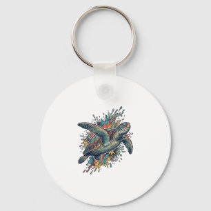 Vintage Engraving Sea Turtle Splash Vector Design_ Keychain