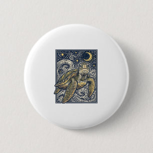 Vintage Engraving Sea Turtle Starry Night 2 Inch Round Button