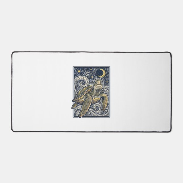 Vintage Engraving Sea Turtle Starry Night Desk Mat (Front)