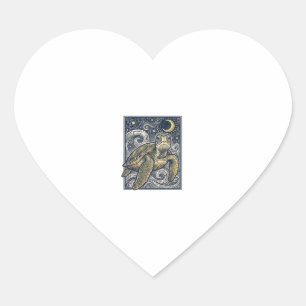 Vintage Engraving Sea Turtle Starry Night Heart Sticker
