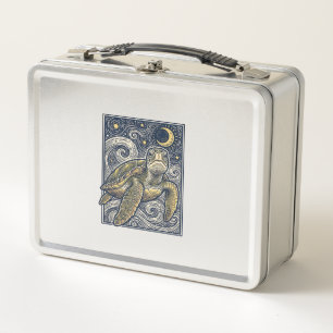 Vintage Engraving Sea Turtle Starry Night Metal Lunch Box