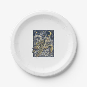 Vintage Engraving Sea Turtle Starry Night Paper Plate