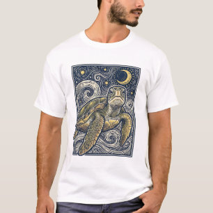 Vintage Engraving Sea Turtle Starry Night T-Shirt