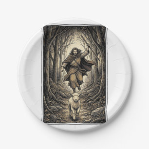 Vintage Engraving Shepherd and Lamb Forest Paper Plate